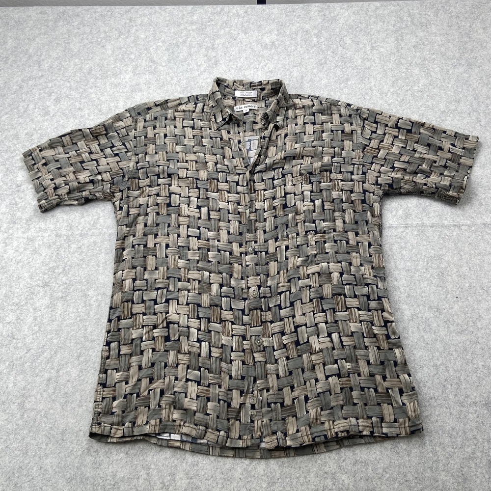 Via Veneto Shirt Mens Medium Beige Geometric Rayon Short Sleeve Button Up Casual